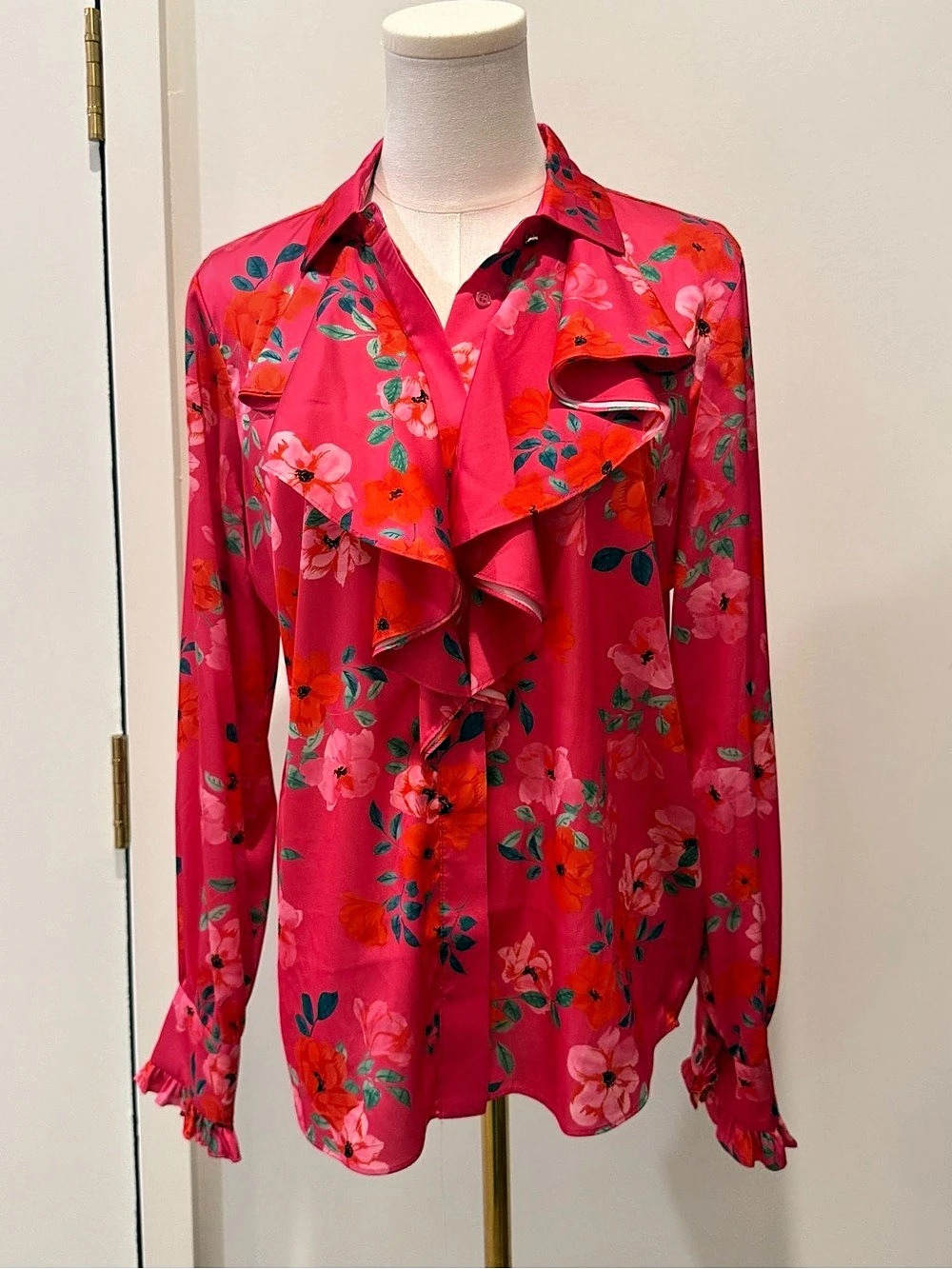 Alexia Admor Pink Floral Ruffle Button Down Blouse Size 8